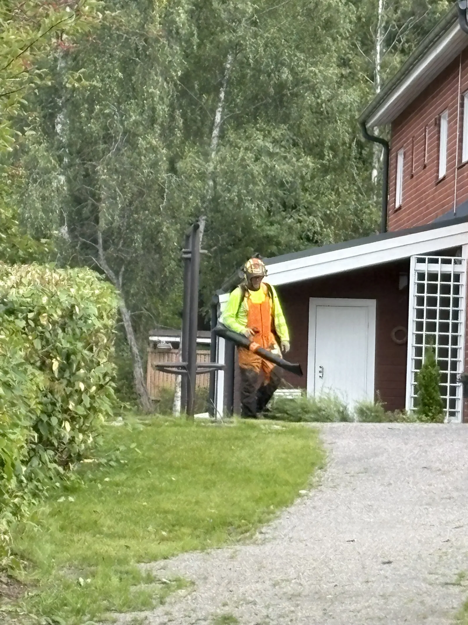 Metsuri kantaa lehtipuhallinta pihapolulla leikkuujätteen siivoamiseksi